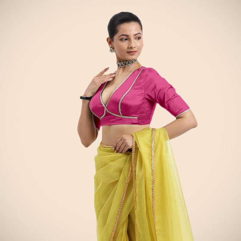 Zeenat x Tyohaar | Elbow Sleeves Hot Pink FlexiFit™ Gota Embellished Saree Blouse with V-Neck-Binks