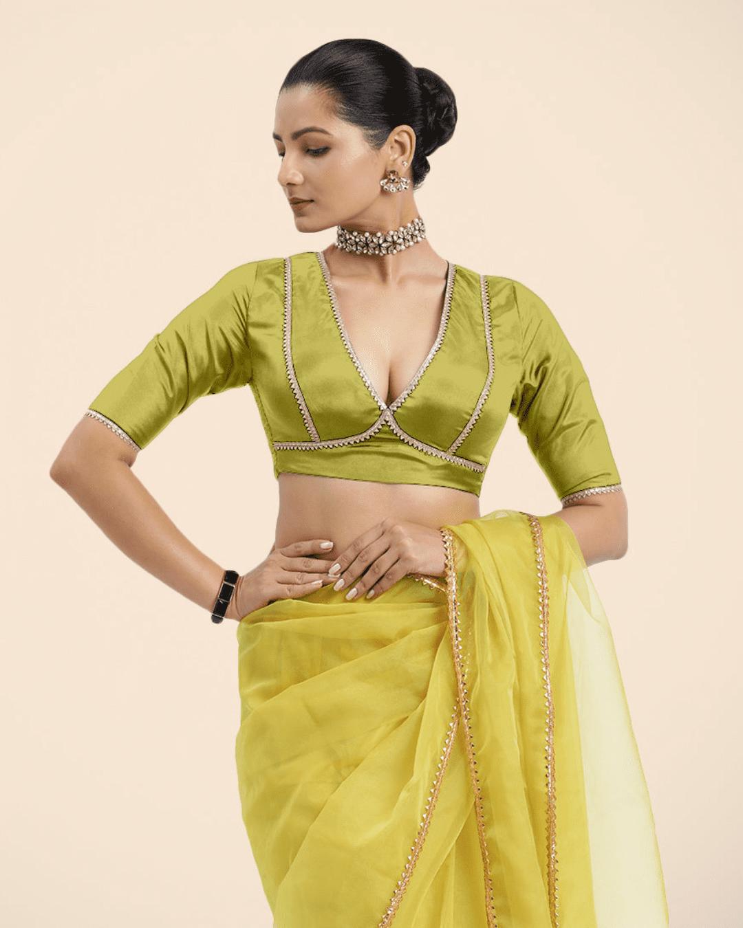 Zeenat x Tyohaar Saree Blouse, in Yellow Vegan Silk, featuring elbow sleeves and v-neckline, made for party & festive.