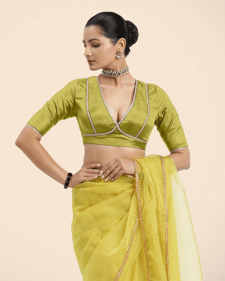 Zeenat x Tyohaar Saree Blouse, in Yellow Vegan Silk, featuring elbow sleeves and v-neckline, made for party & festive.