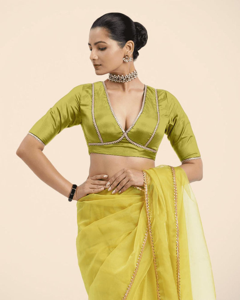 Zeenat x Tyohaar | Lemon Yellow Saree Blouse w/ FlexiFit™ and Golden Gota Lace-Binks