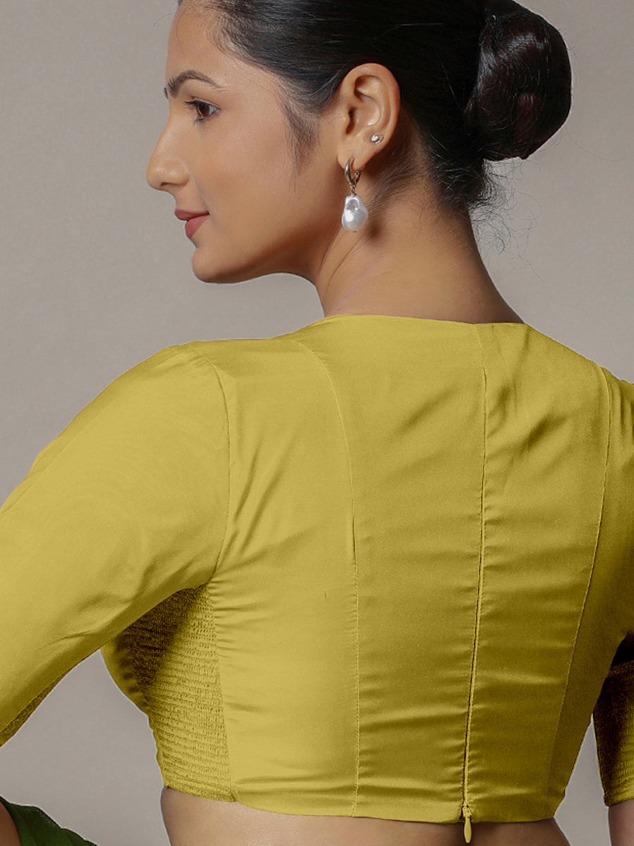 Zeenat x Rozaana Saree Blouse, in Yellow Vegan Silk, featuring elbow sleeves and v-neckline, made for party & festive (view 2).