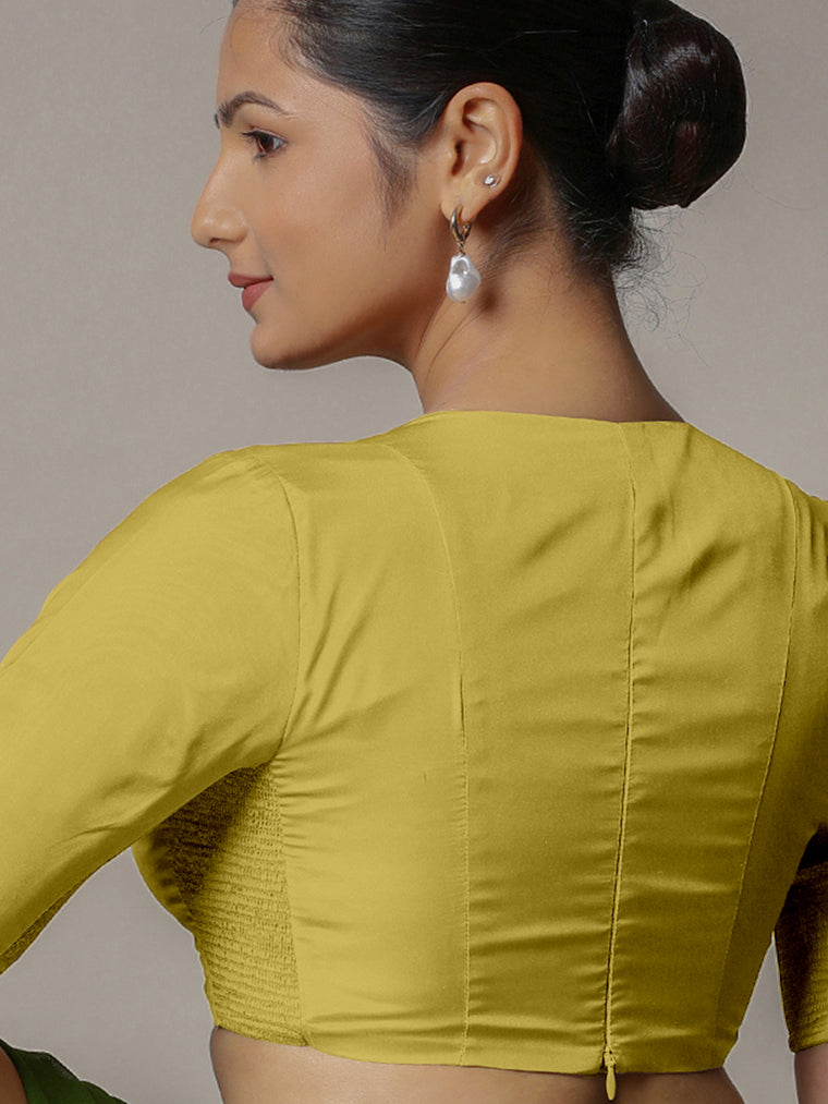 Zeenat x Rozaana Saree Blouse, in Yellow Vegan Silk, featuring elbow sleeves and v-neckline, made for party & festive (view 2).