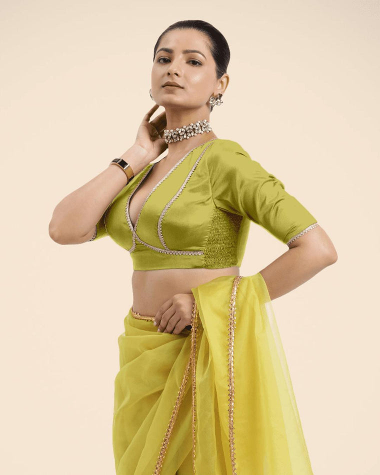 Zeenat x Tyohaar Saree Blouse, in Yellow Vegan Silk, featuring elbow sleeves and v-neckline, made for party & festive (view 2).