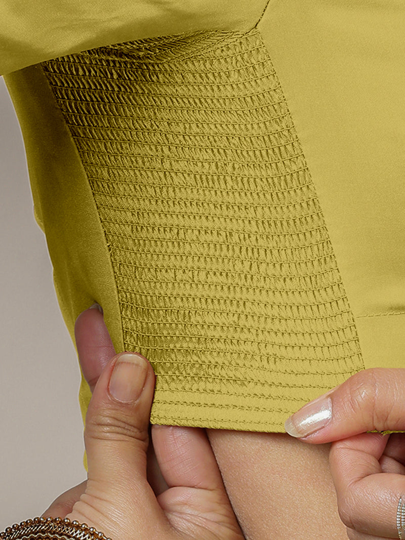 Zeenat x Rozaana | Lemon Yellow Elbow Sleeves FlexiFit™ Saree Blouse with Plunging Neckline-Binks