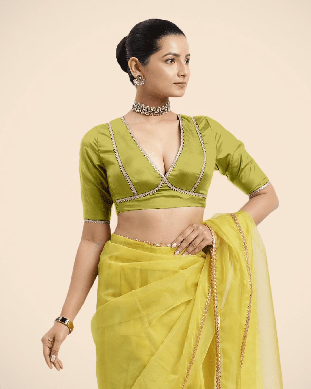 Zeenat x Tyohaar Saree Blouse, in Yellow Vegan Silk, featuring elbow sleeves and v-neckline, made for party & festive (view 6).