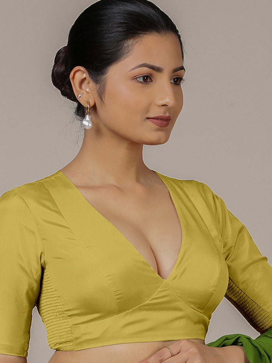 Zeenat x Rozaana Saree Blouse, in Yellow Vegan Silk, featuring elbow sleeves and v-neckline, made for party & festive (view 8).