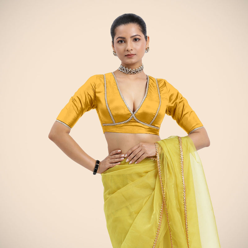 Zeenat x Tyohaar | Elbow Sleeves Marigold Yellow FlexiFit™ Gota Embellished Saree Blouse with V-Neck-Binks