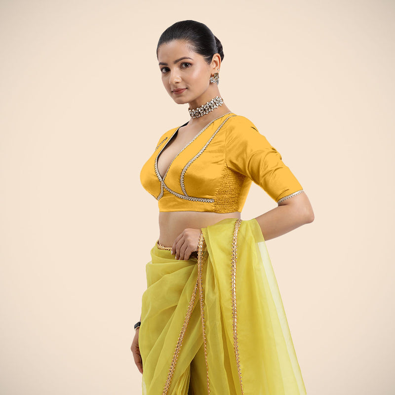 Zeenat x Tyohaar | Elbow Sleeves Marigold Yellow FlexiFit™ Gota Embellished Saree Blouse with V-Neck-Binks
