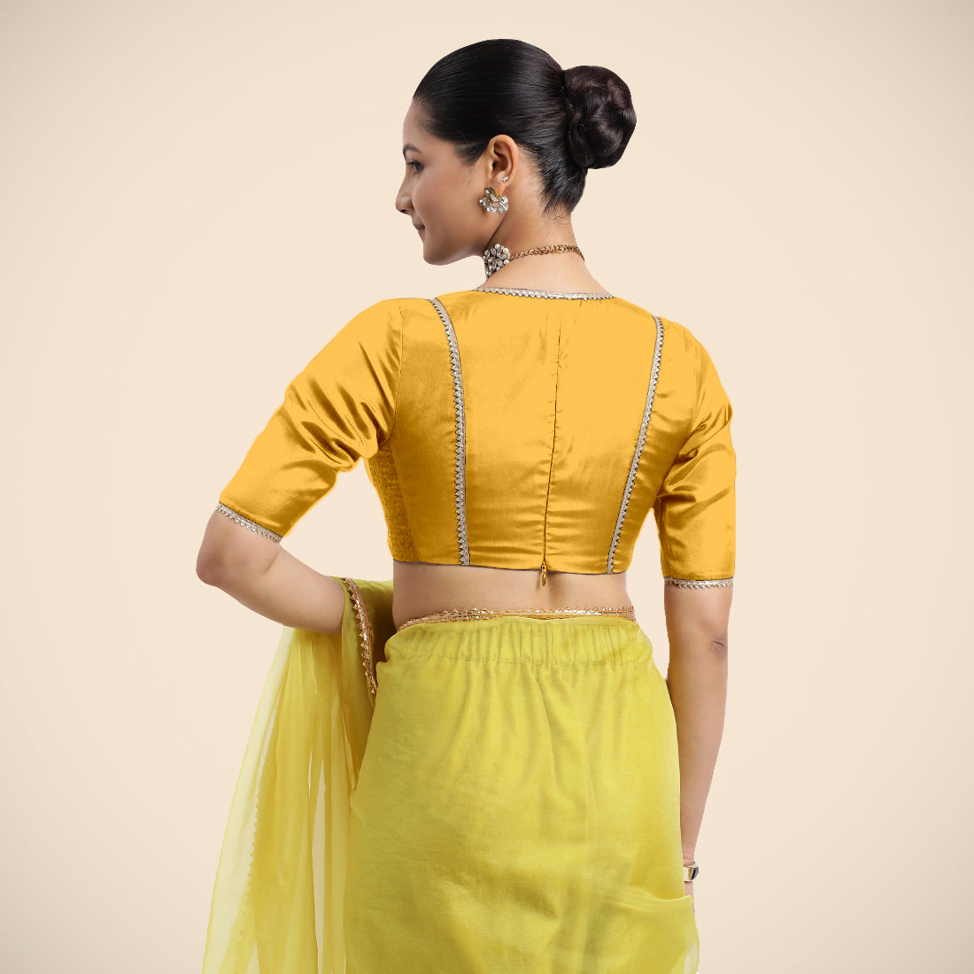 Zeenat x Tyohaar Saree Blouse, in Yellow Vegan Silk, featuring elbow sleeves and v-neckline, made for party & festive (view 2).