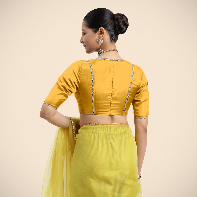 Zeenat x Tyohaar | Elbow Sleeves Marigold Yellow FlexiFit™ Gota Embellished Saree Blouse with V-Neck-Binks