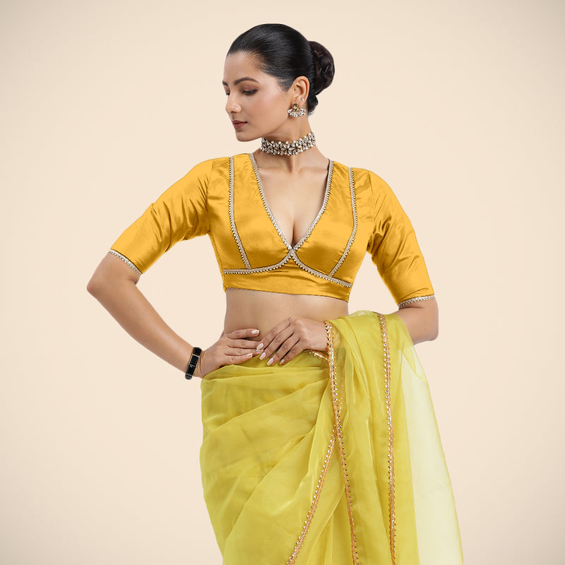Zeenat x Tyohaar | Elbow Sleeves Marigold Yellow FlexiFit™ Gota Embellished Saree Blouse with V-Neck-Binks