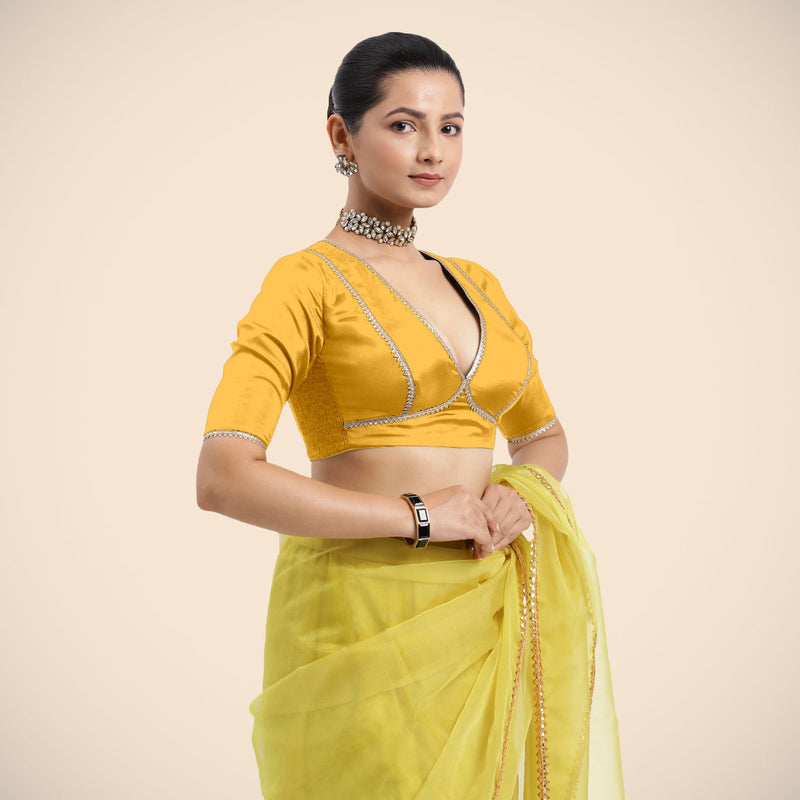 Zeenat x Tyohaar | Elbow Sleeves Marigold Yellow FlexiFit™ Gota Embellished Saree Blouse with V-Neck-Binks
