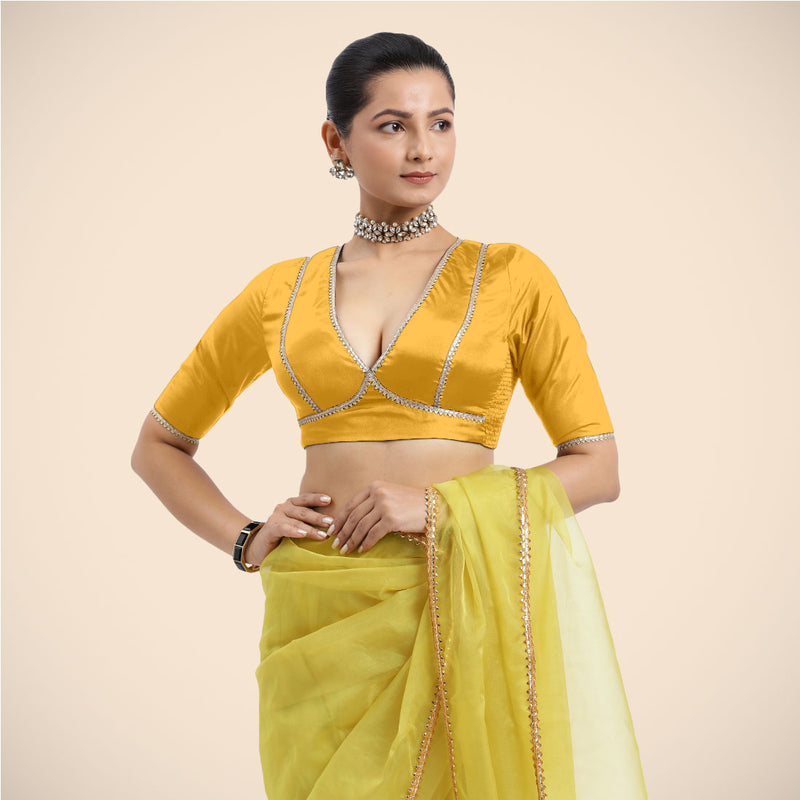 Zeenat x Tyohaar | Elbow Sleeves Marigold Yellow FlexiFit™ Gota Embellished Saree Blouse with V-Neck-Binks