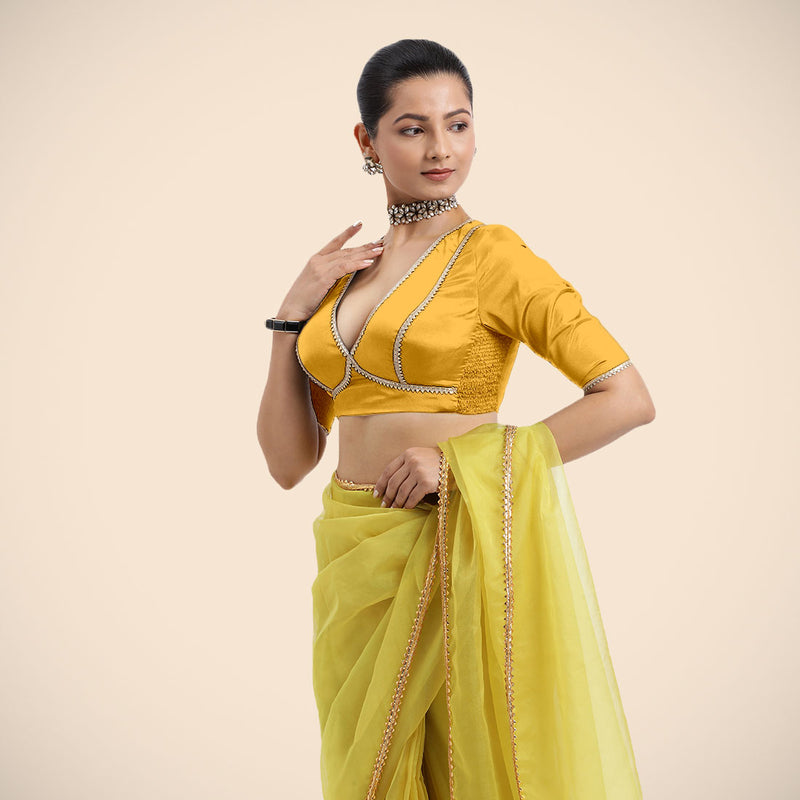 Zeenat x Tyohaar | Elbow Sleeves Marigold Yellow FlexiFit™ Gota Embellished Saree Blouse with V-Neck-Binks