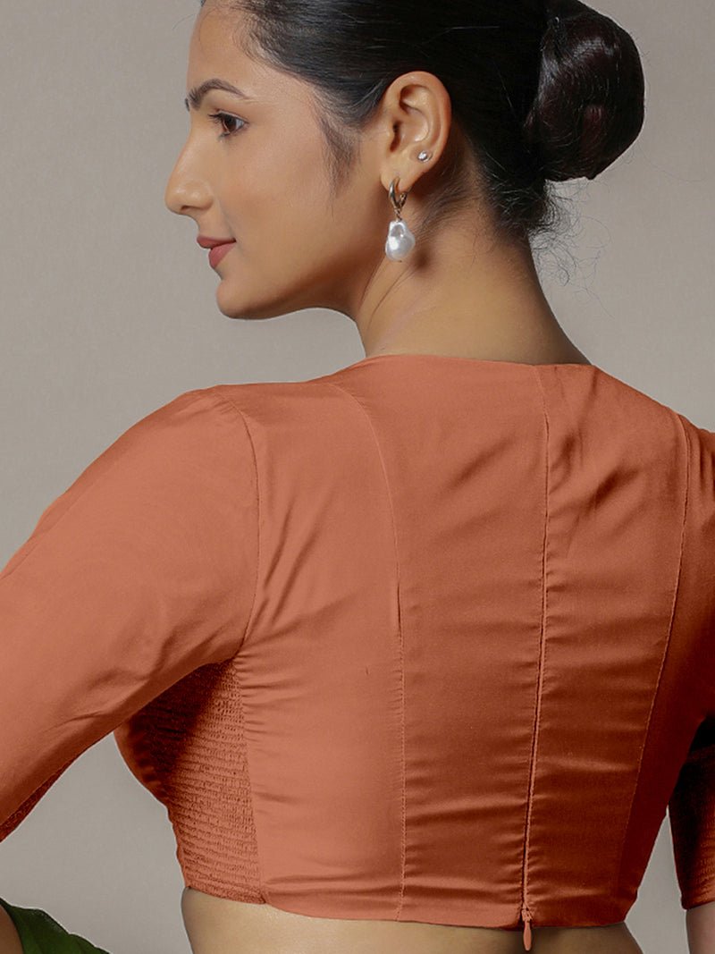 Zeenat x Rozaana | Metallic Copper Elbow Sleeves FlexiFit™ Saree Blouse with Plunging Neckline-Binks