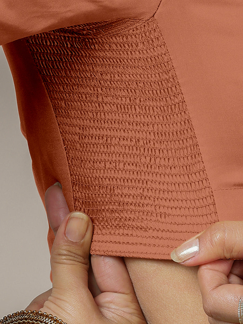 Zeenat x Rozaana | Metallic Copper Elbow Sleeves FlexiFit™ Saree Blouse with Plunging Neckline-Binks