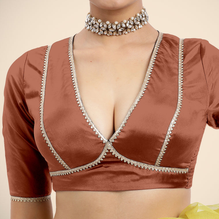 Zeenat x Tyohaar Saree Blouse, in Copper Vegan Silk, featuring elbow sleeves and v-neckline, made for party & festive (view 3).