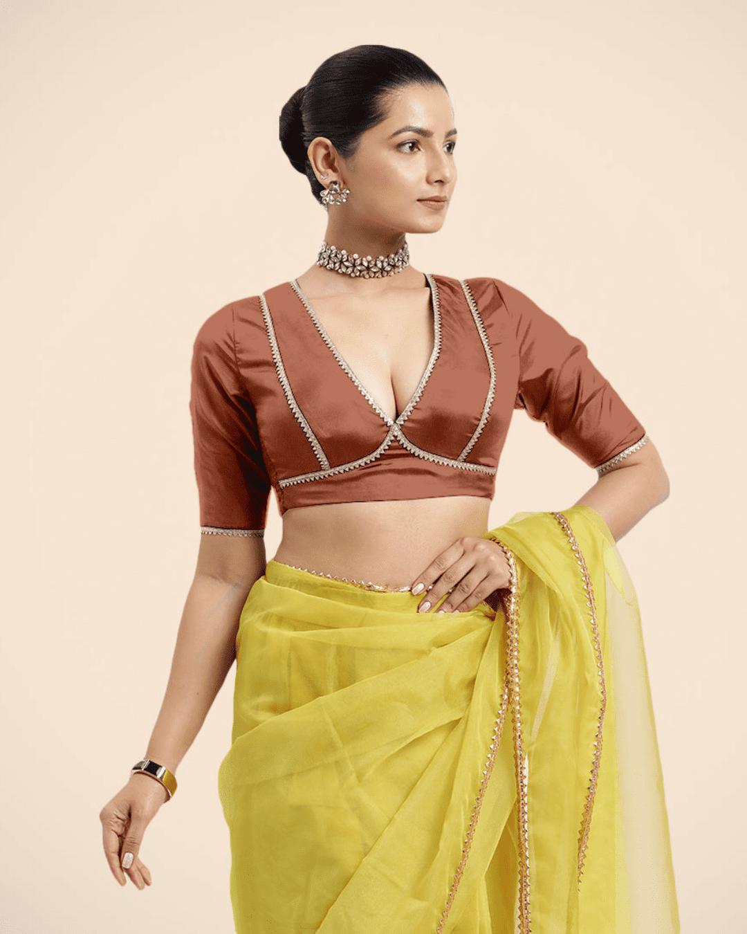 Zeenat x Tyohaar Saree Blouse, in Copper Vegan Silk, featuring elbow sleeves and v-neckline, made for party & festive (view 6).