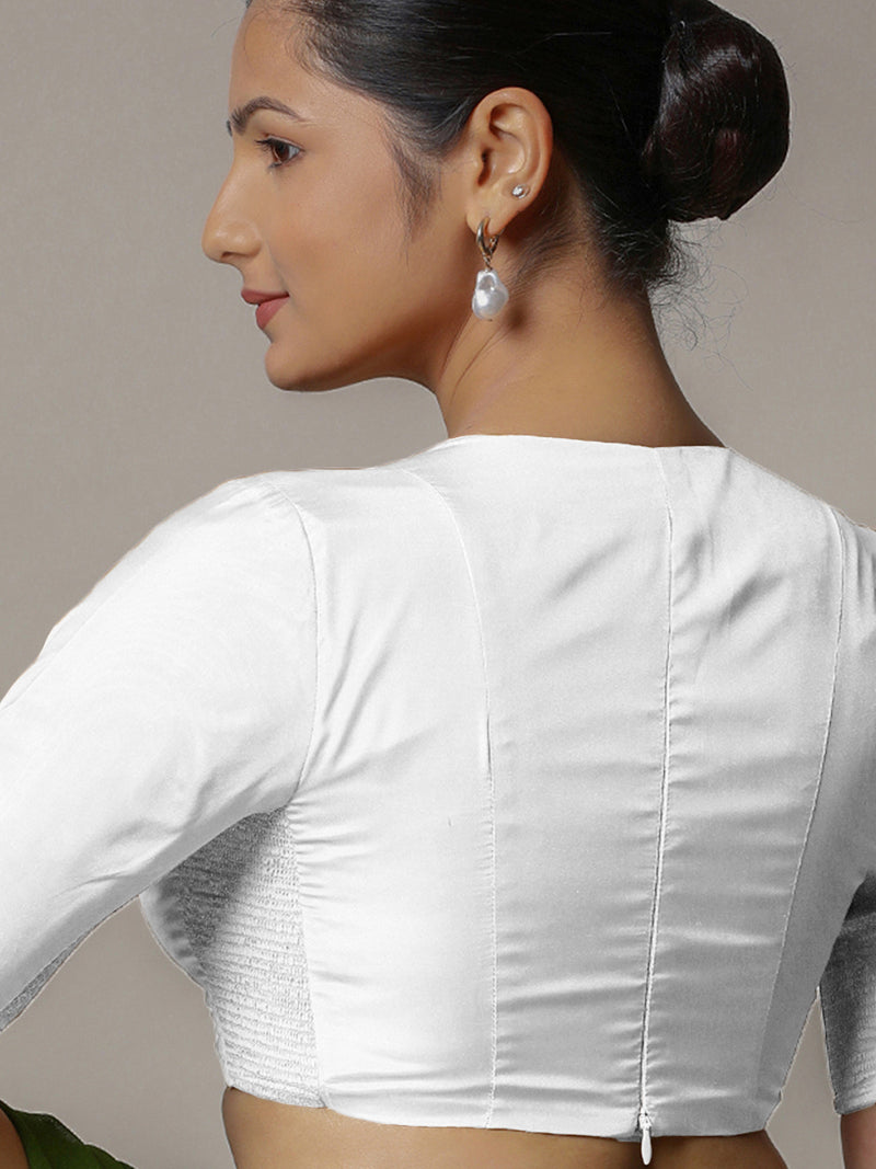 Zeenat x Rozaana | Pearl White Elbow Sleeves FlexiFit™ Saree Blouse with Plunging Neckline-Binks