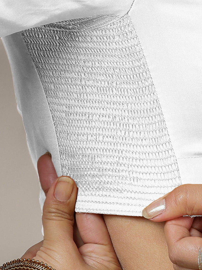 Zeenat x Rozaana | Pearl White Elbow Sleeves FlexiFit™ Saree Blouse with Plunging Neckline-Binks