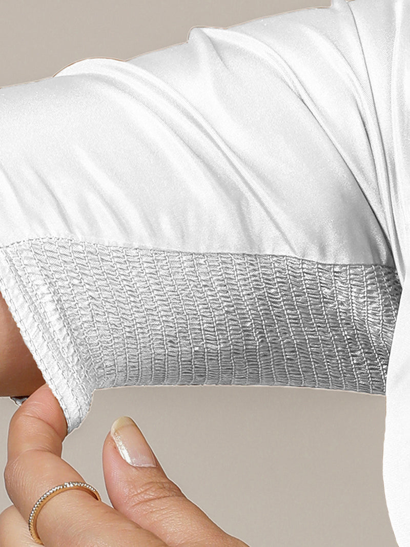 Zeenat x Rozaana | Pearl White Elbow Sleeves FlexiFit™ Saree Blouse with Plunging Neckline-Binks