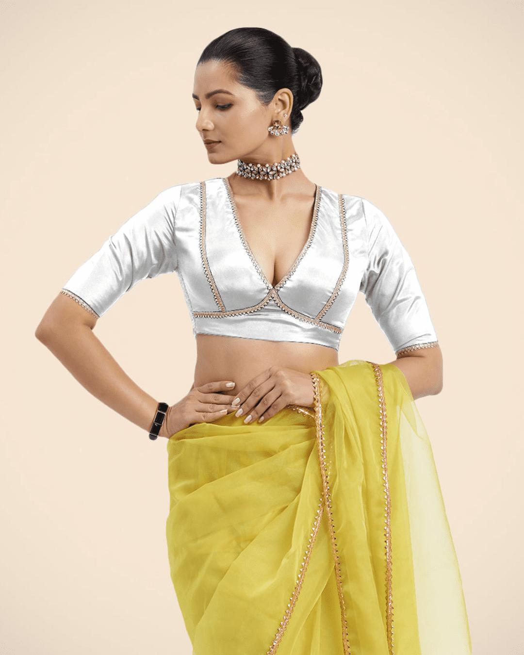 Zeenat x Tyohaar Saree Blouse, in White Vegan Silk, featuring elbow sleeves and v-neckline, made for party & festive (view 5).