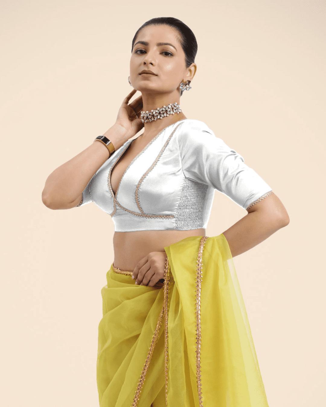 Zeenat x Tyohaar Saree Blouse, in White Vegan Silk, featuring elbow sleeves and v-neckline, made for party & festive (view 6).