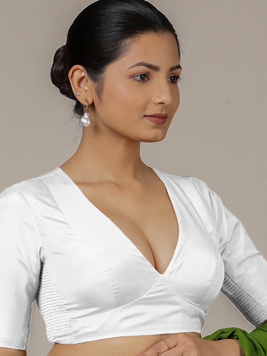 Zeenat x Rozaana Saree Blouse, in White Vegan Silk, featuring elbow sleeves and v-neckline, made for party & festive (view 8).