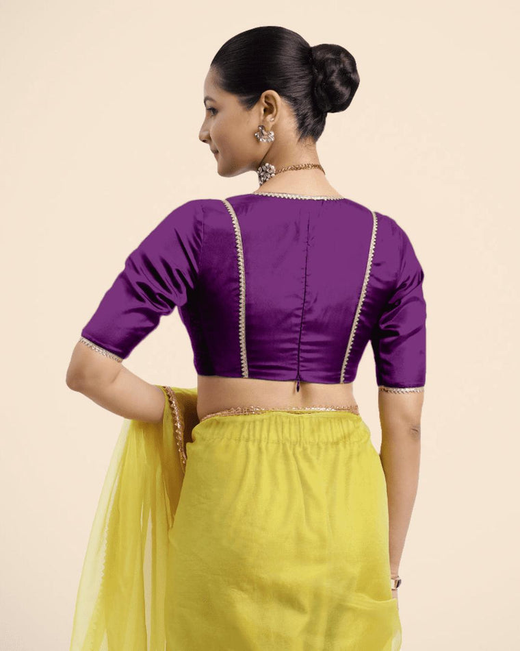 Zeenat x Tyohaar Saree Blouse, in Purple Vegan Silk, featuring elbow sleeves and v-neckline, made for party & festive (view 2).