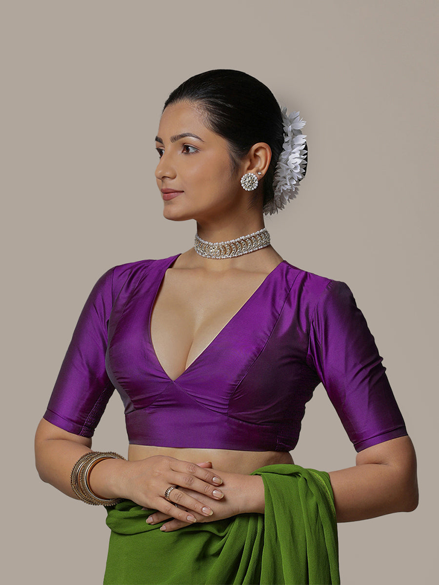 Zeenat x Rozaana Saree Blouse, in Purple Vegan Silk, featuring elbow sleeves and v-neckline, made for party & festive (view 6).