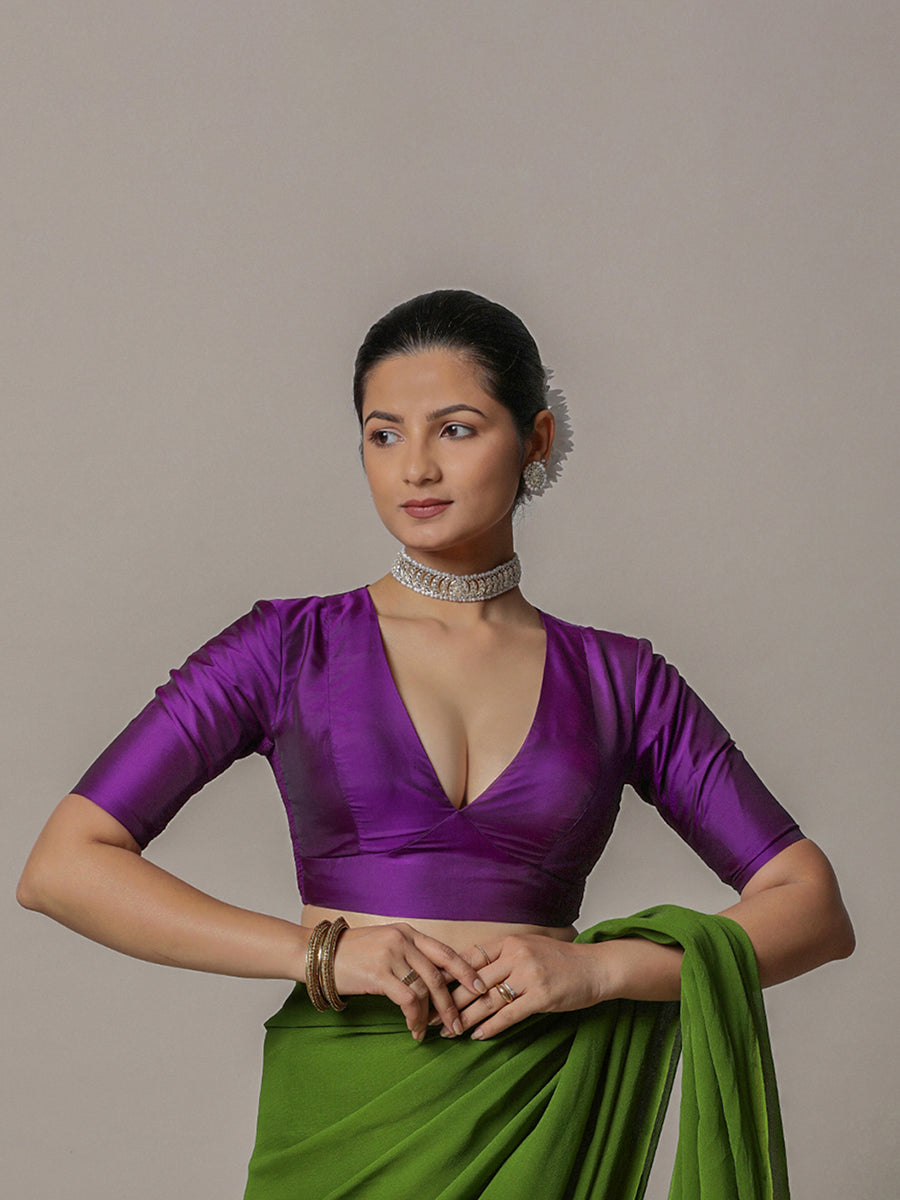 Zeenat x Rozaana Saree Blouse, in Purple Vegan Silk, featuring elbow sleeves and v-neckline, made for party & festive (view 7).