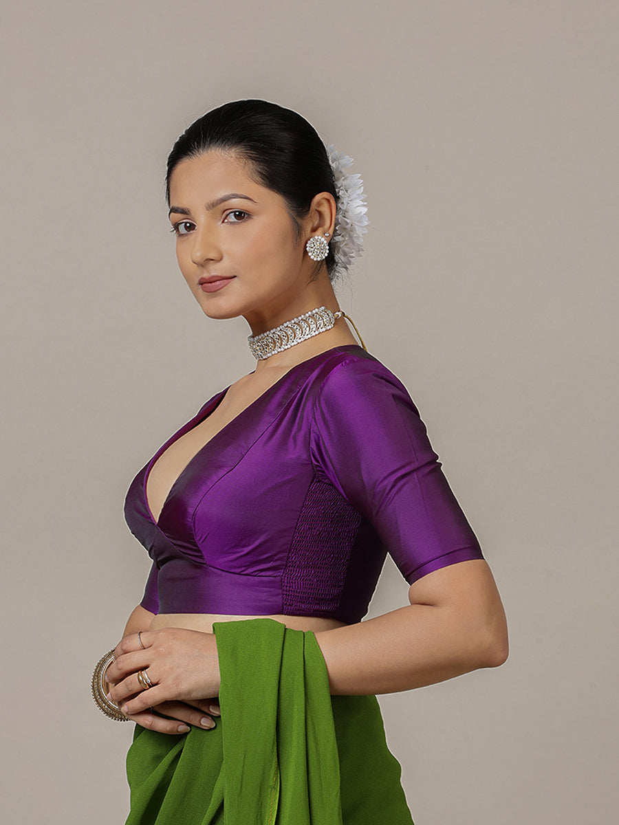 Zeenat x Rozaana Saree Blouse, in Purple Vegan Silk, featuring elbow sleeves and v-neckline, made for party & festive (view 8).