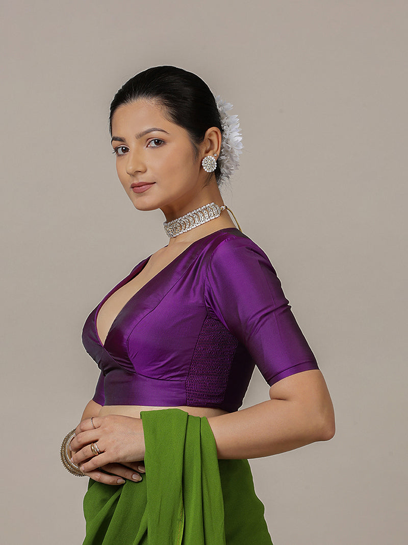 Zeenat x Rozaana | Purple Elbow Sleeves FlexiFit™ Saree Blouse with Plunging Neckline-Binks