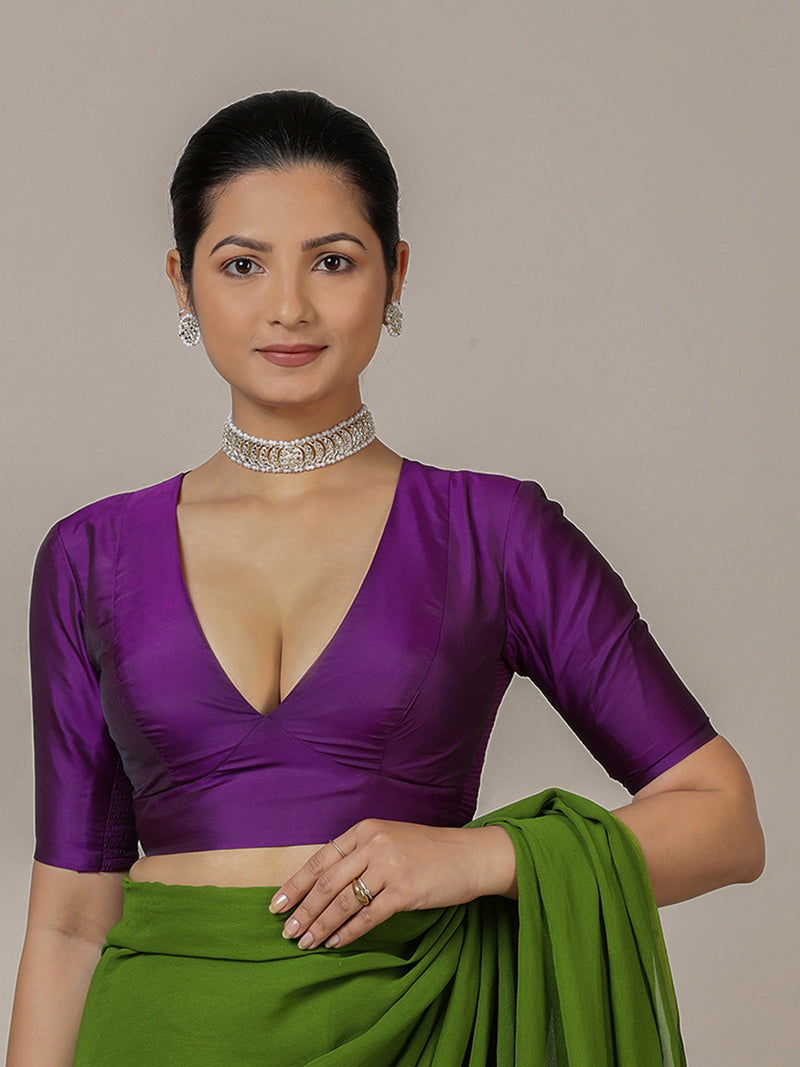 Zeenat x Rozaana | Purple Elbow Sleeves FlexiFit™ Saree Blouse with Plunging Neckline-Binks