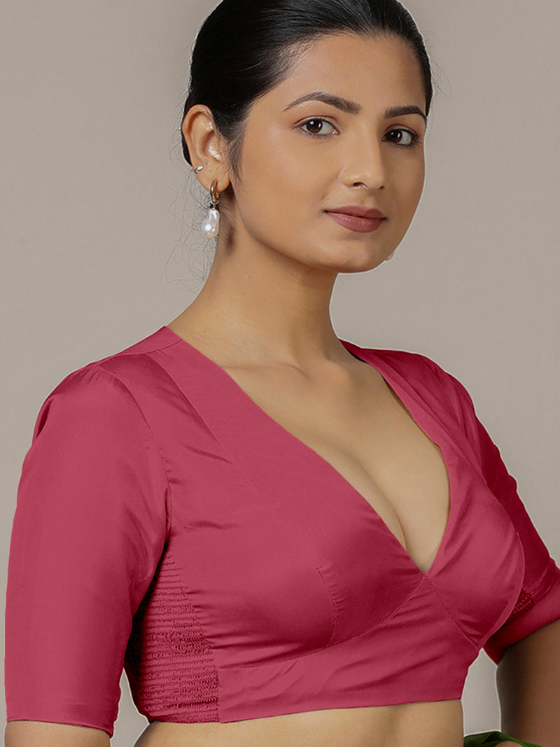 Zeenat x Rozaana | Rani Pink Elbow Sleeves FlexiFit™ Saree Blouse with Plunging Neckline-Binks
