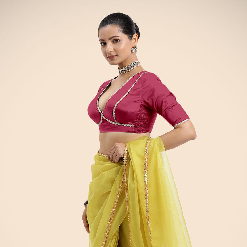 Zeenat x Tyohaar | Rani Pink Saree Blouse w/ FlexiFit™ and Golden Gota Lace-Binks
