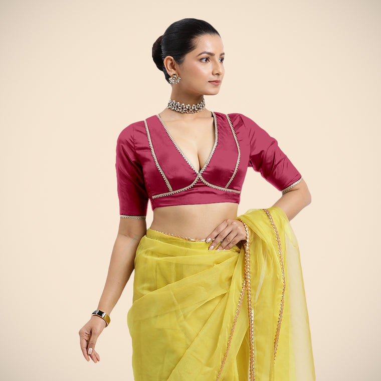 Zeenat x Tyohaar Saree Blouse, in Pink Vegan Silk, featuring elbow sleeves and v-neckline, made for party & festive.