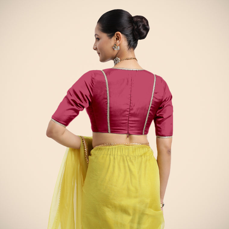 Zeenat x Tyohaar Saree Blouse, in Pink Vegan Silk, featuring elbow sleeves and v-neckline, made for party & festive (view 2).
