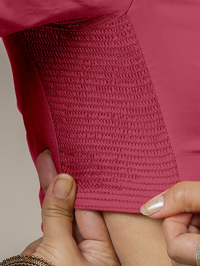 Zeenat x Rozaana | Rani Pink Elbow Sleeves FlexiFit™ Saree Blouse with Plunging Neckline-Binks