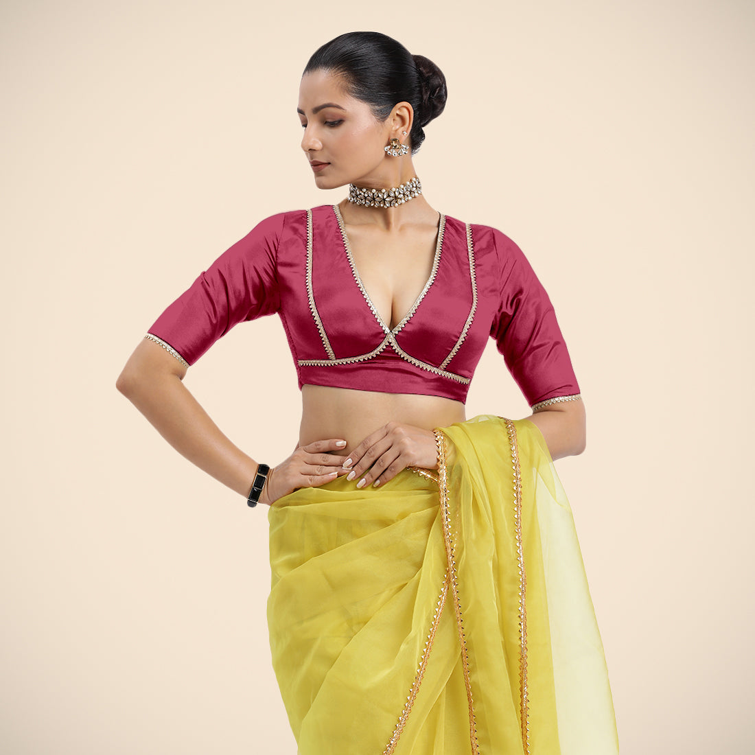 Zeenat x Tyohaar Saree Blouse, in Pink Vegan Silk, featuring elbow sleeves and v-neckline, made for party & festive (view 5).
