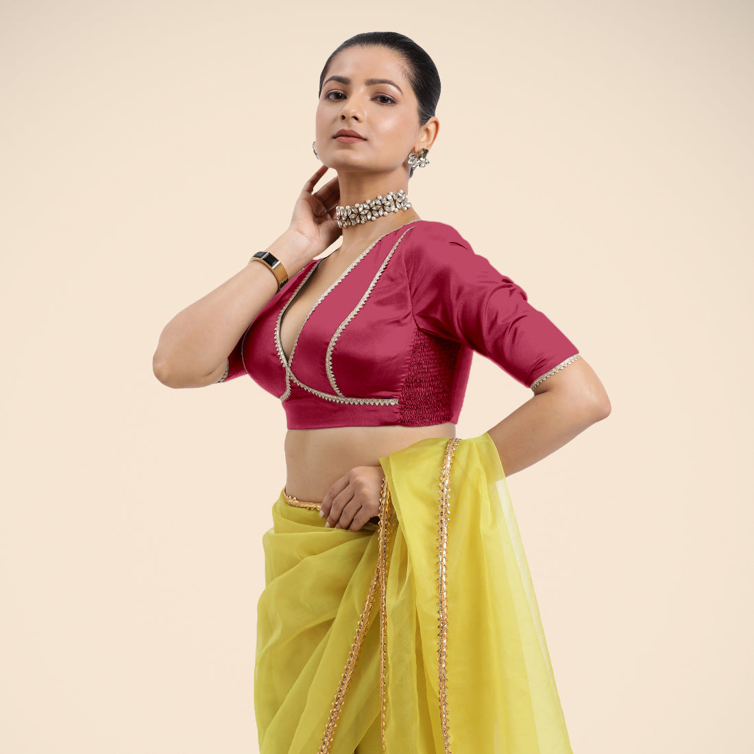 Zeenat x Tyohaar Saree Blouse, in Pink Vegan Silk, featuring elbow sleeves and v-neckline, made for party & festive (view 6).