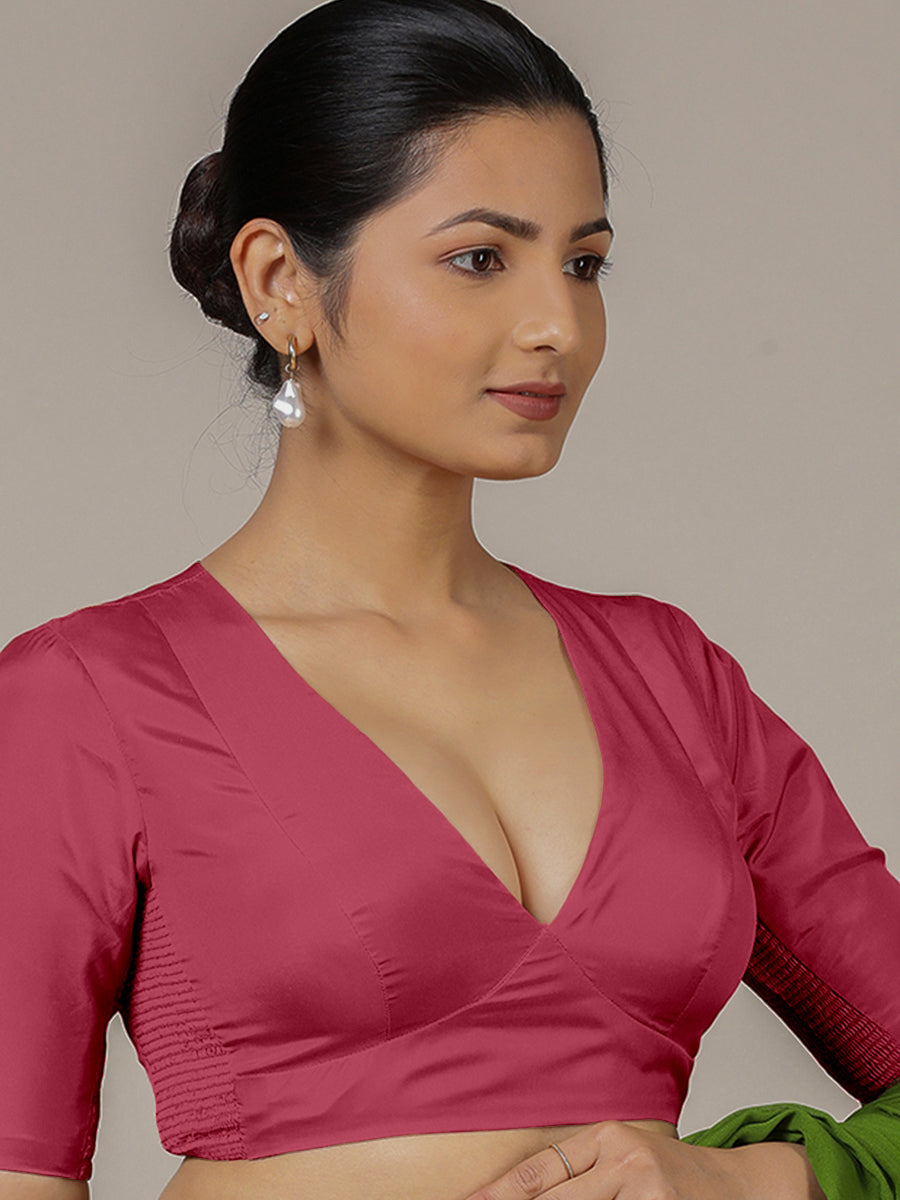 Zeenat x Rozaana Saree Blouse, in Pink Vegan Silk, featuring elbow sleeves and v-neckline, made for party & festive (view 8).