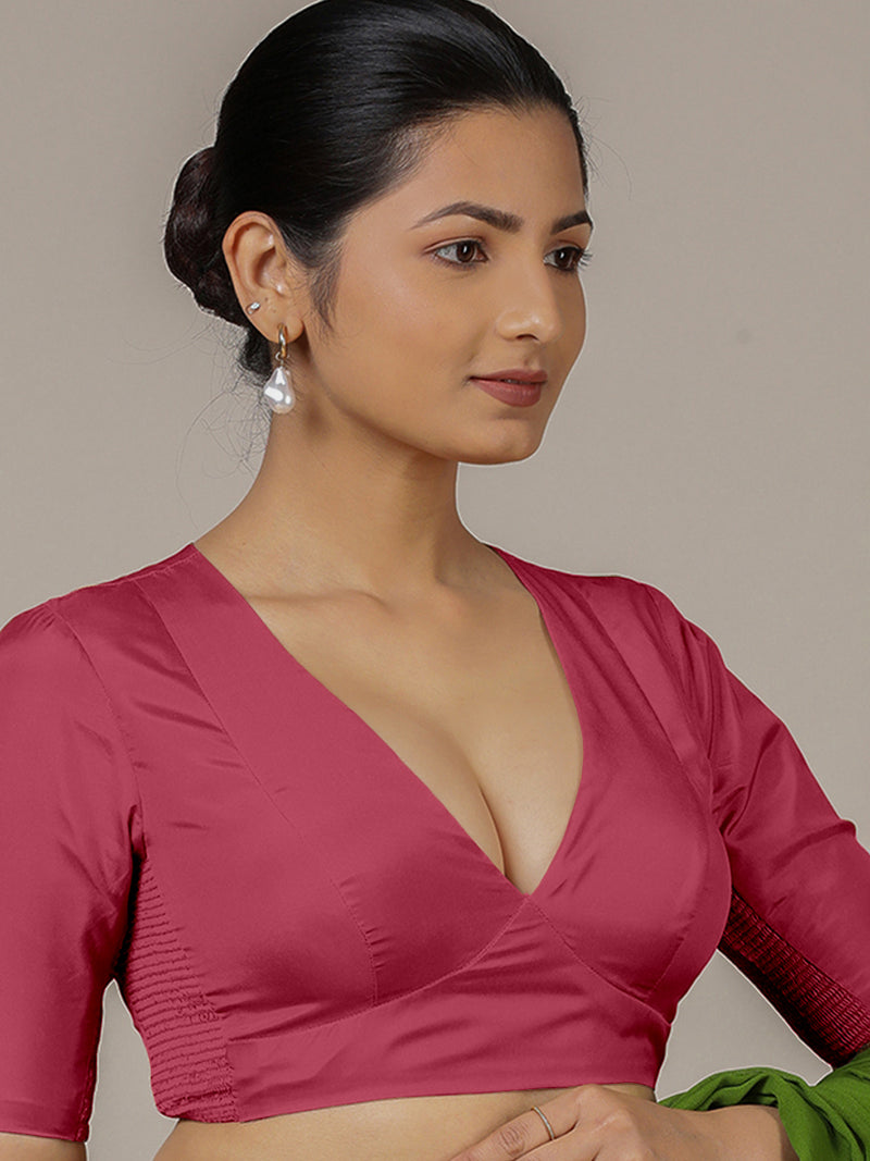 Zeenat x Rozaana | Rani Pink Elbow Sleeves FlexiFit™ Saree Blouse with Plunging Neckline-Binks