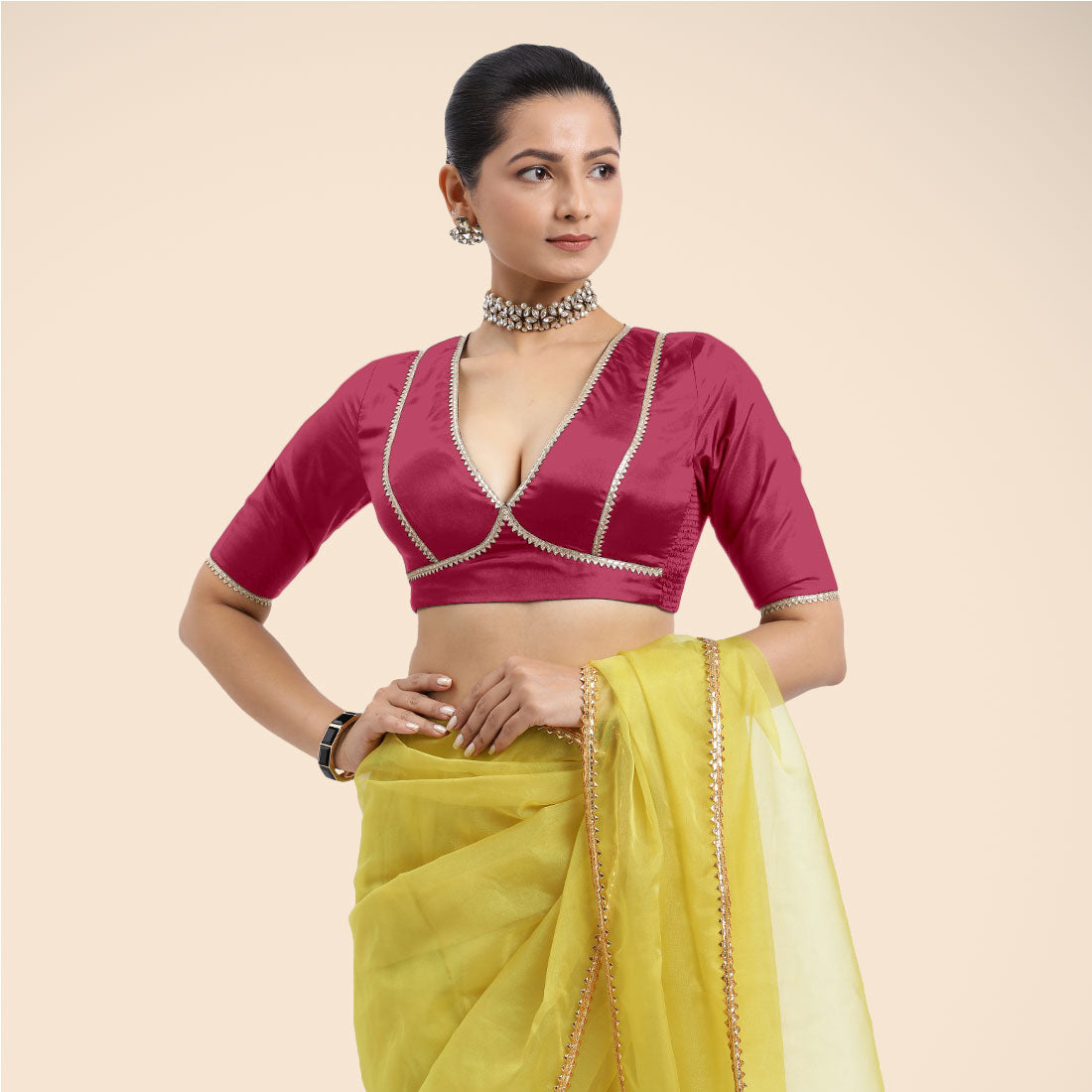 Zeenat x Tyohaar Saree Blouse, in Pink Vegan Silk, featuring elbow sleeves and v-neckline, made for party & festive (view 8).
