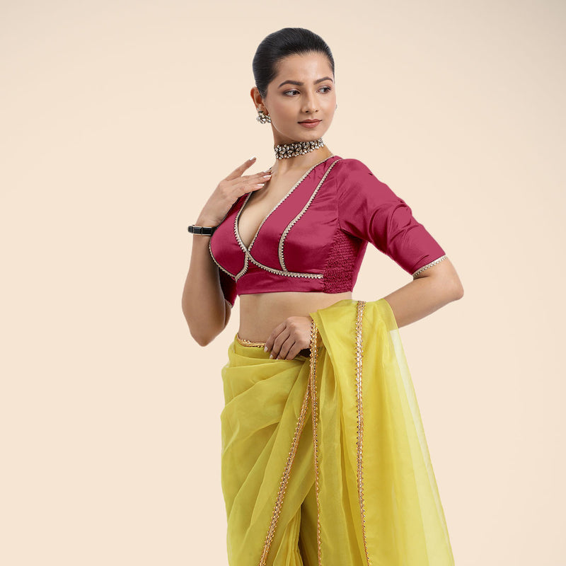 Zeenat x Tyohaar | Rani Pink Saree Blouse w/ FlexiFit™ and Golden Gota Lace-Binks