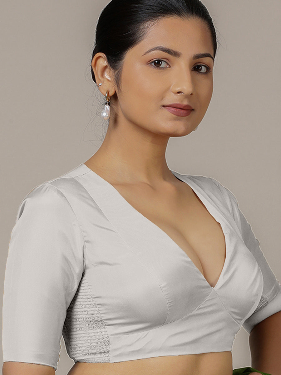 Zeenat x Rozaana Saree Blouse, in Silver Vegan Silk, featuring elbow sleeves and v-neckline, made for party & festive (view 8).