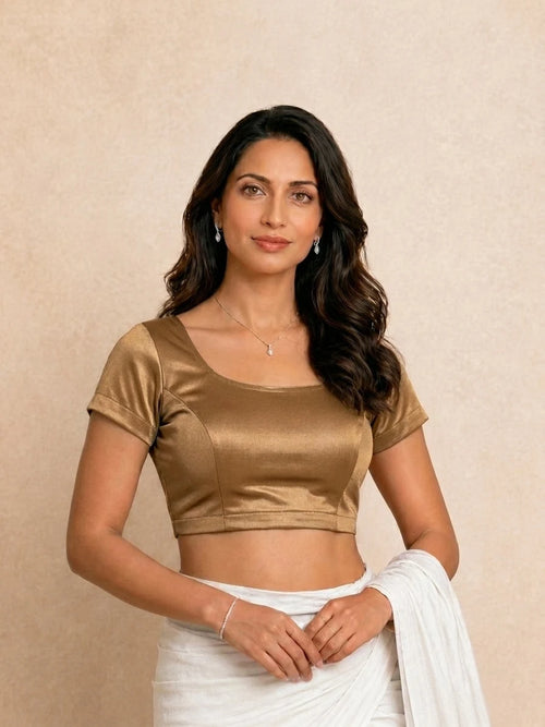Zena Short Sleeve Caramel Brown Satin Lycra StretchFit™ Saree Blouse