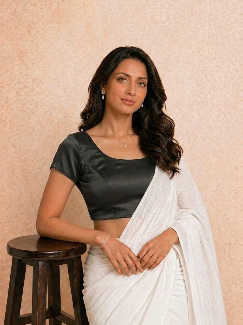 Zena Short Sleeve Phantom Black Satin Lycra StretchFit Saree Blouse, in Black Satin Lycra (view 6).