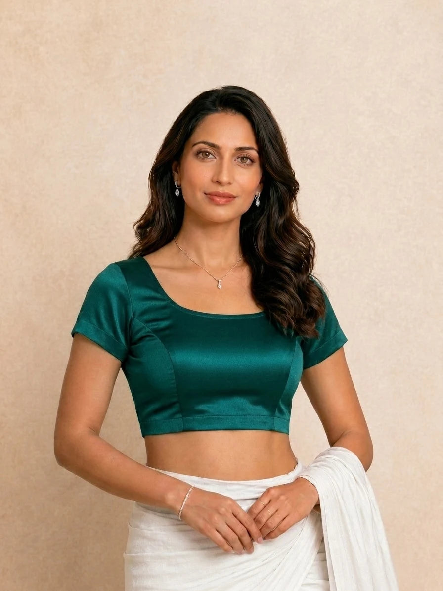 Zena Short Sleeve Forest Teal Satin Lycra StretchFit Saree Blouse, in Green Satin Lycra (view 7).