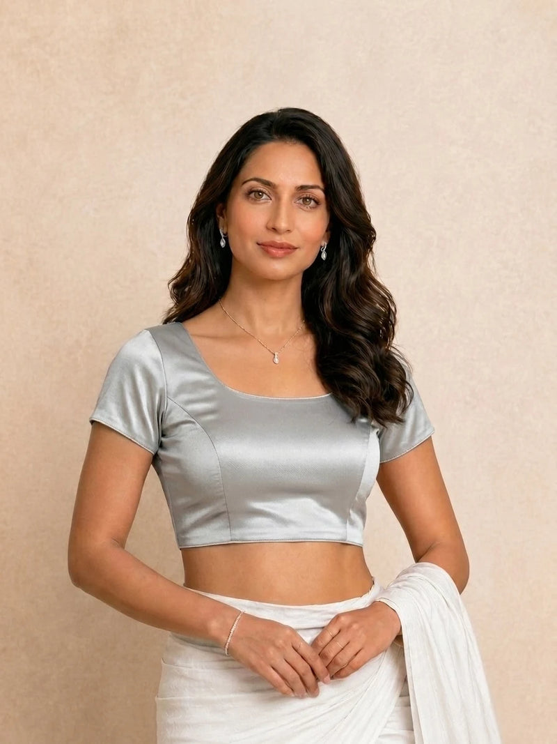 Zena Short Sleeve Silver Dust Satin Lycra StretchFit Saree Blouse, in Silver Satin Lycra (view 7).